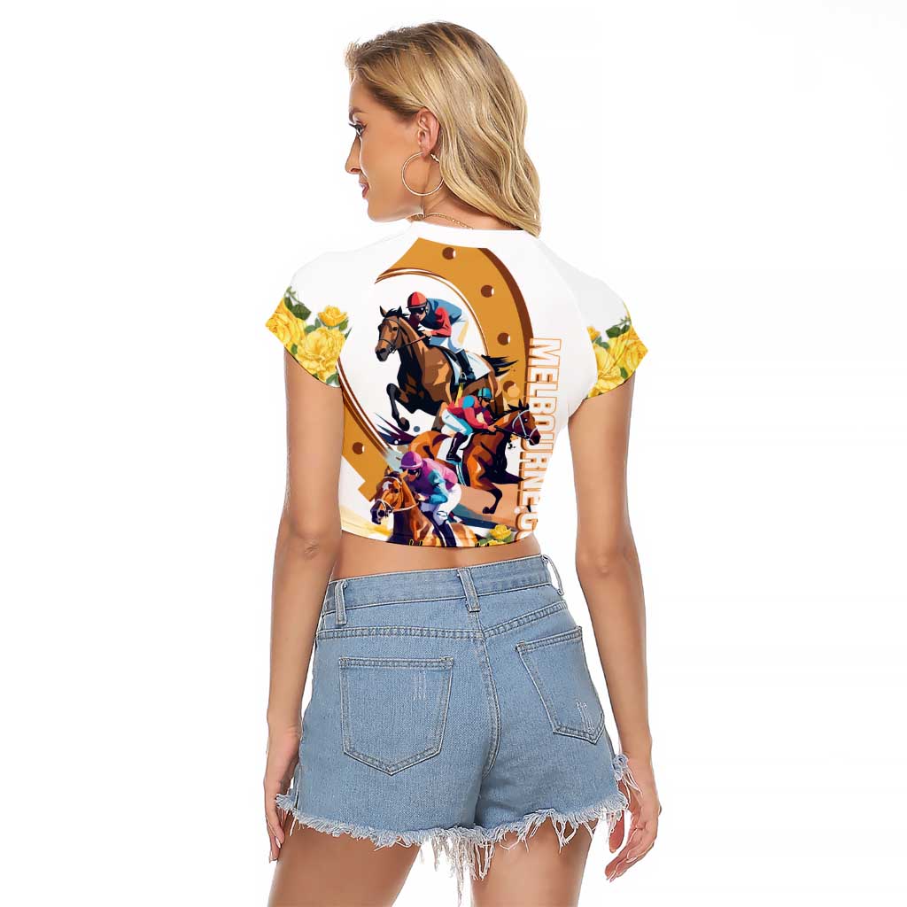 Melbourne Cup Australia Raglan Cropped T Shirt Horse Racing Horseshoe Mix Yellow Roses LT14
