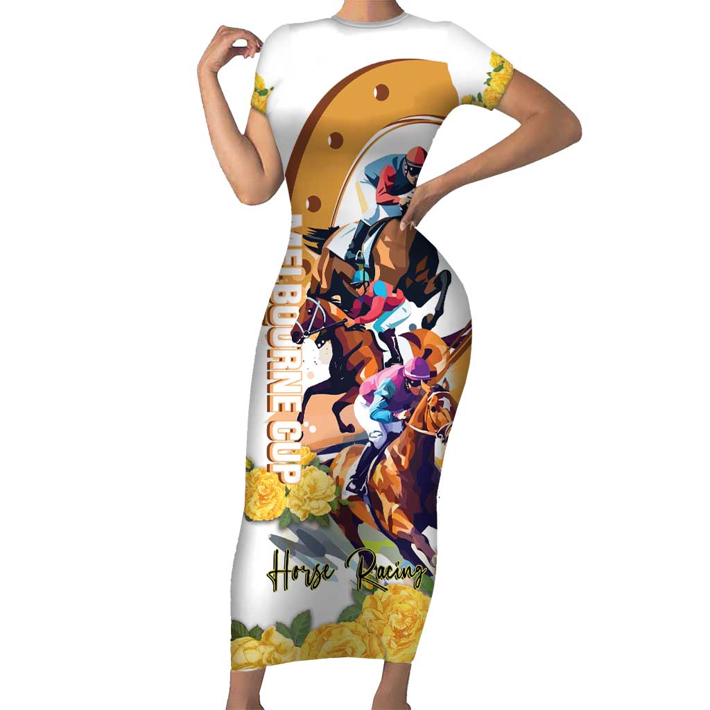 Melbourne Cup Australia Short Sleeve Bodycon Dress Horse Racing Horseshoe Mix Yellow Roses LT14