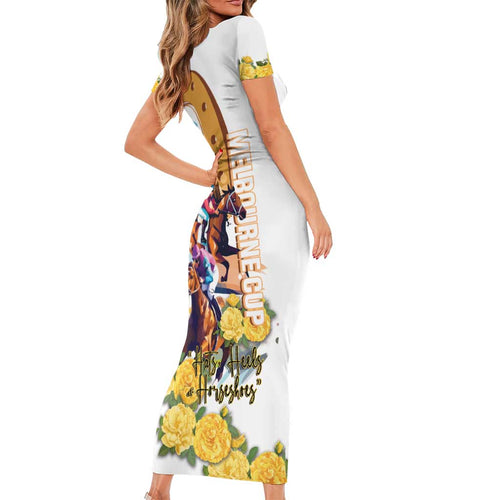 Melbourne Cup Australia Short Sleeve Bodycon Dress Horse Racing Horseshoe Mix Yellow Roses LT14