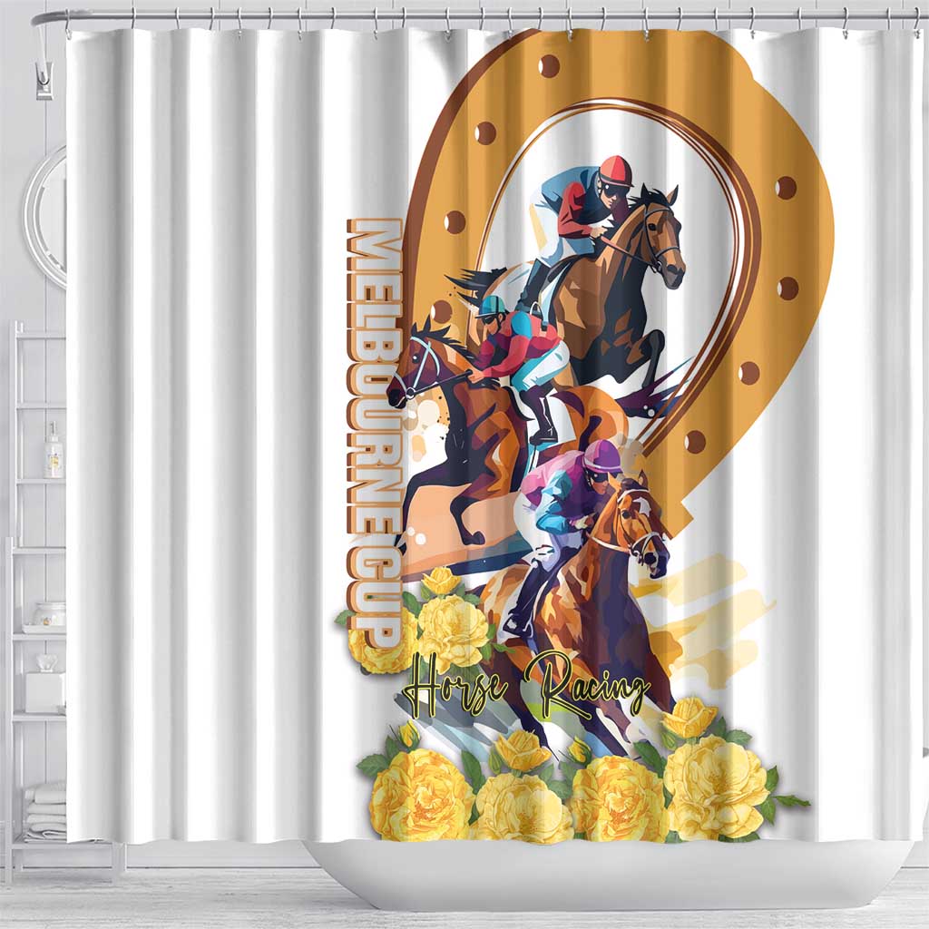 Melbourne Cup Australia Shower Curtain Horse Racing Horseshoe Mix Yellow Roses LT14