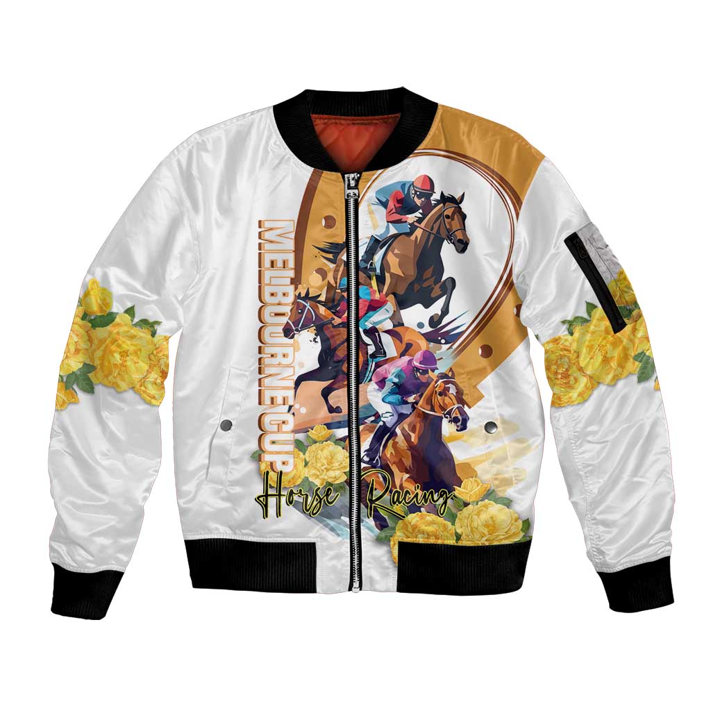 Melbourne Cup Australia Sleeve Zip Bomber Jacket Horse Racing Horseshoe Mix Yellow Roses LT14