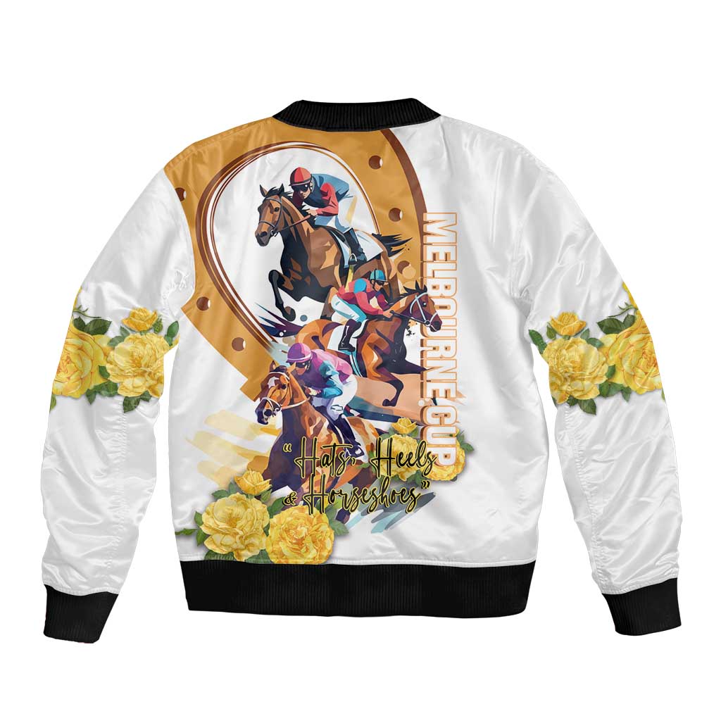Melbourne Cup Australia Sleeve Zip Bomber Jacket Horse Racing Horseshoe Mix Yellow Roses LT14