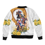 Melbourne Cup Australia Sleeve Zip Bomber Jacket Horse Racing Horseshoe Mix Yellow Roses LT14