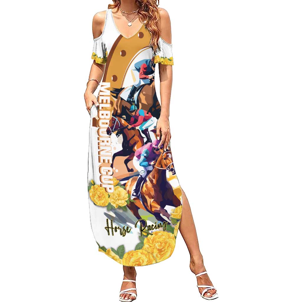 Melbourne Cup Australia Summer Maxi Dress Horse Racing Horseshoe Mix Yellow Roses LT14