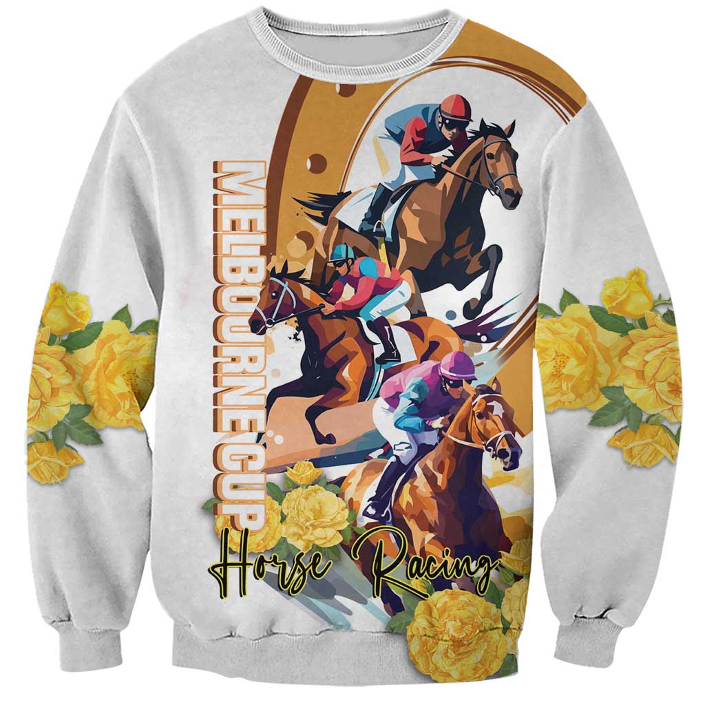 Melbourne Cup Australia Sweatshirt Horse Racing Horseshoe Mix Yellow Roses LT14