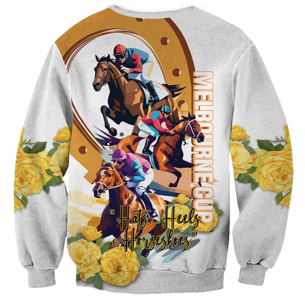 Melbourne Cup Australia Sweatshirt Horse Racing Horseshoe Mix Yellow Roses LT14