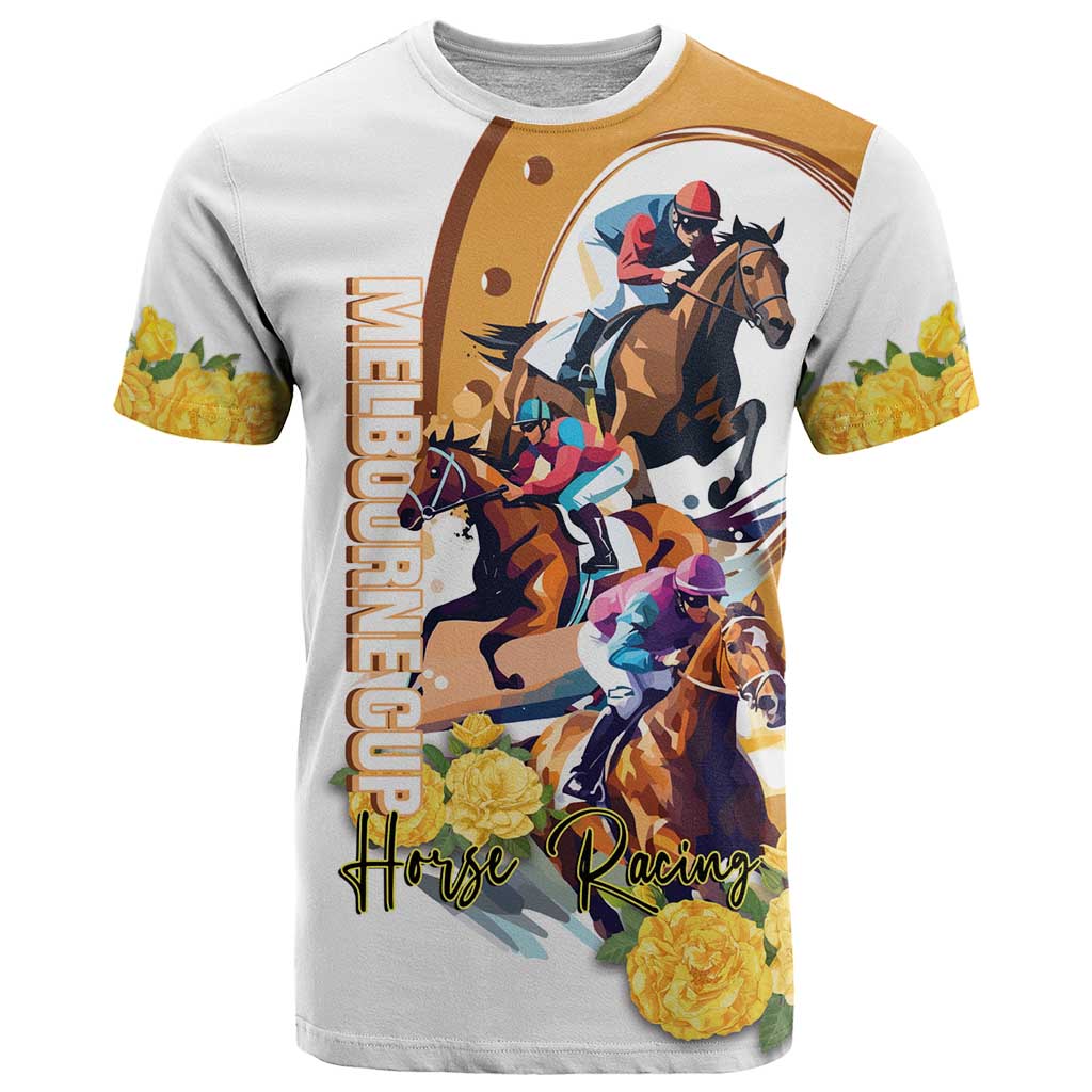 Melbourne Cup Australia T Shirt Horse Racing Horseshoe Mix Yellow Roses LT14