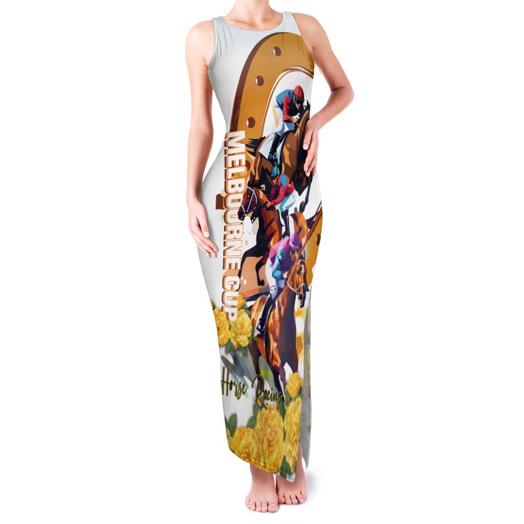 Melbourne Cup Australia Tank Maxi Dress Horse Racing Horseshoe Mix Yellow Roses LT14