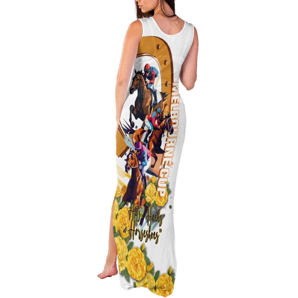 Melbourne Cup Australia Tank Maxi Dress Horse Racing Horseshoe Mix Yellow Roses LT14