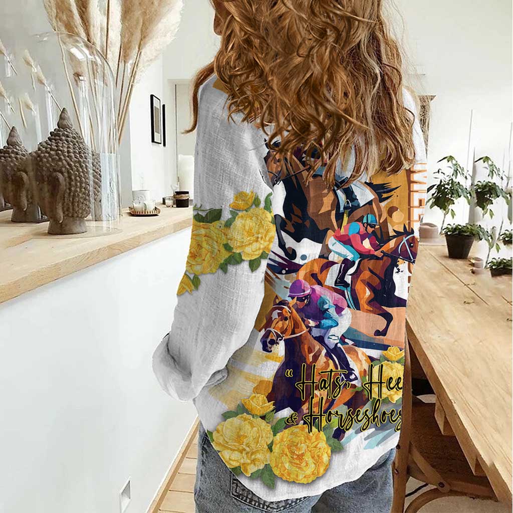 Melbourne Cup Australia Women Casual Shirt Horse Racing Horseshoe Mix Yellow Roses LT14