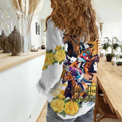 Melbourne Cup Australia Women Casual Shirt Horse Racing Horseshoe Mix Yellow Roses LT14