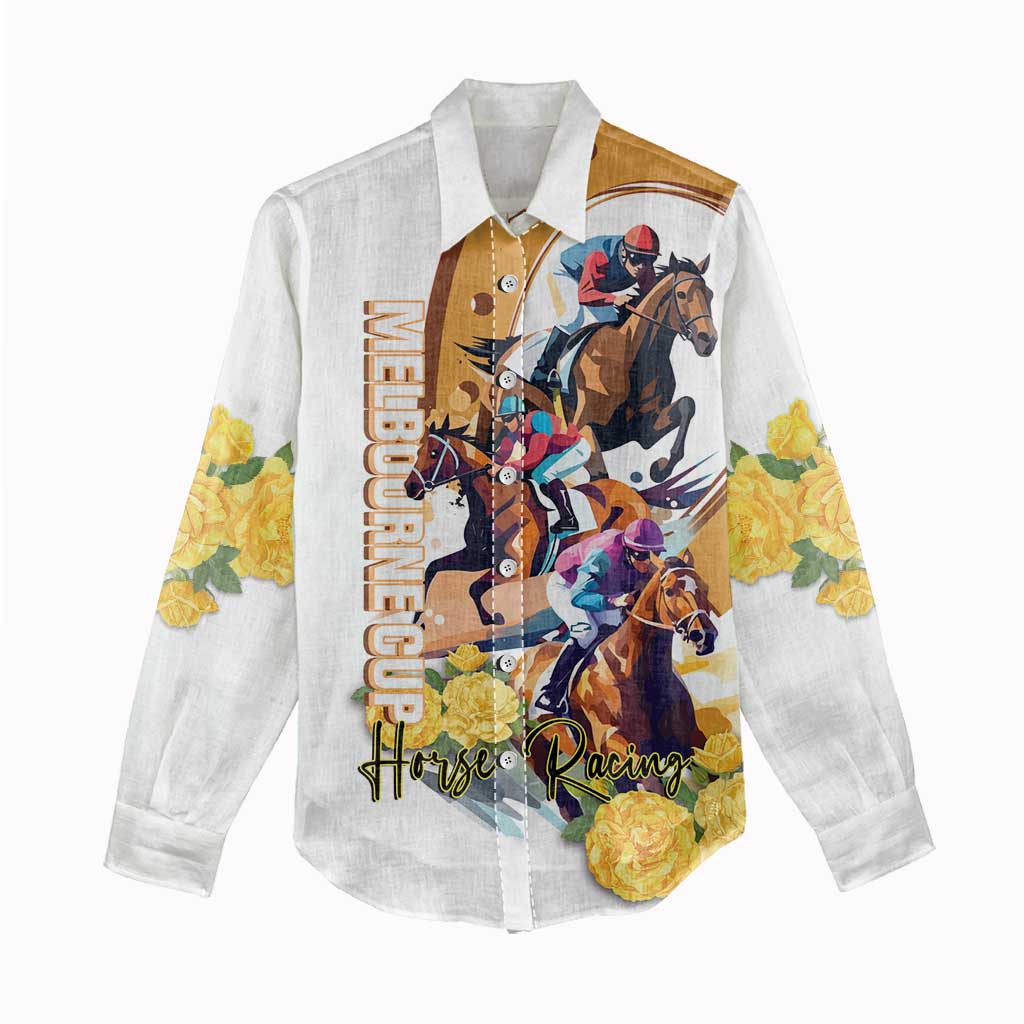 Melbourne Cup Australia Women Casual Shirt Horse Racing Horseshoe Mix Yellow Roses LT14