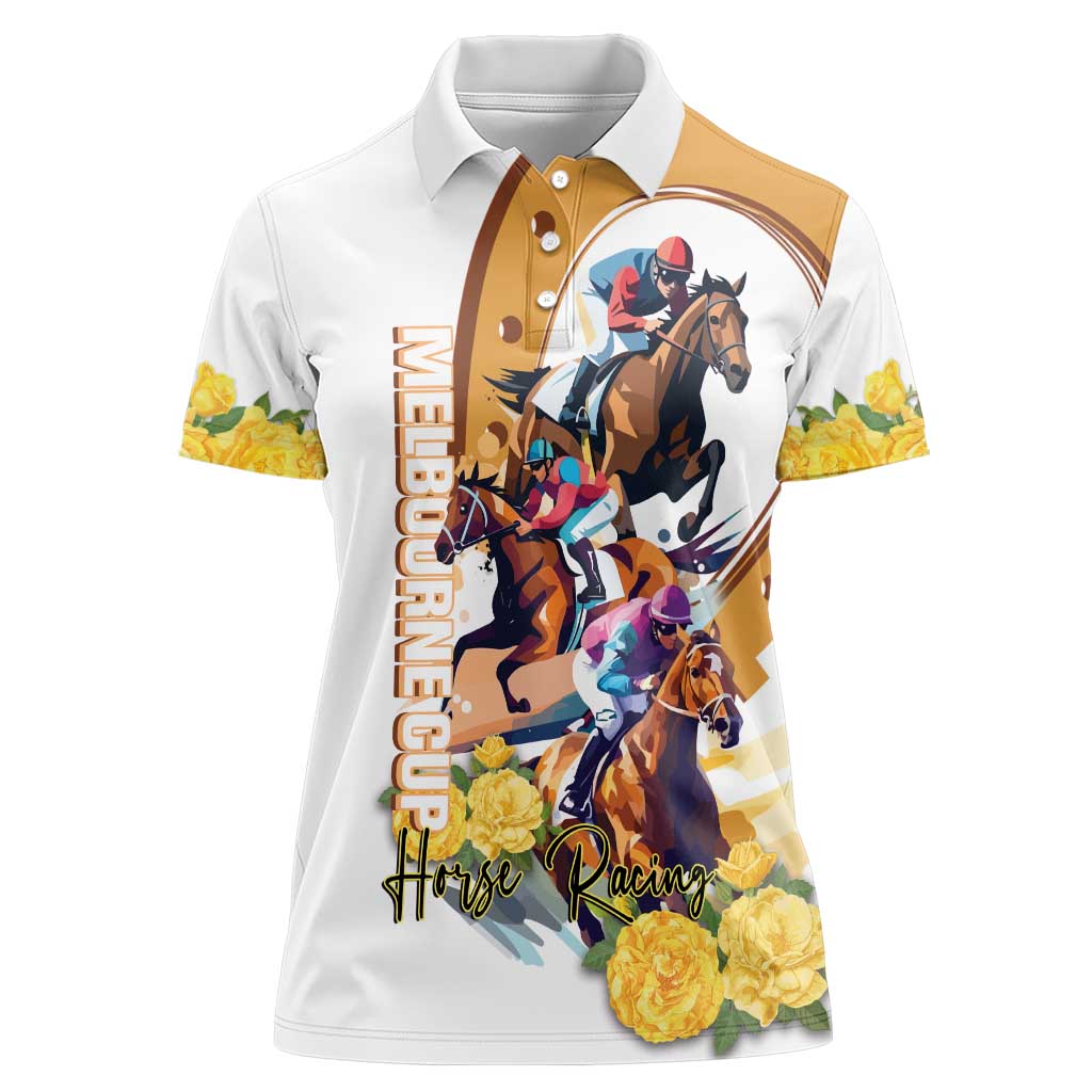 Melbourne Cup Australia Women Polo Shirt Horse Racing Horseshoe Mix Yellow Roses LT14
