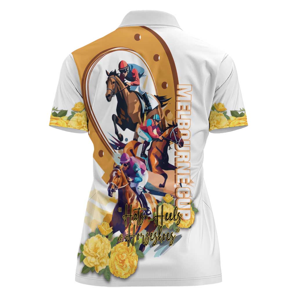 Melbourne Cup Australia Women Polo Shirt Horse Racing Horseshoe Mix Yellow Roses LT14