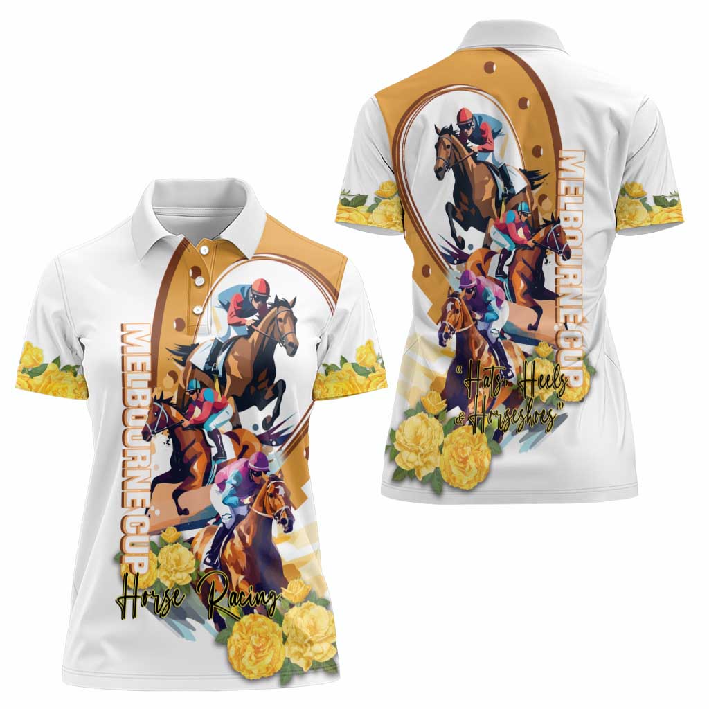 Melbourne Cup Australia Women Polo Shirt Horse Racing Horseshoe Mix Yellow Roses LT14