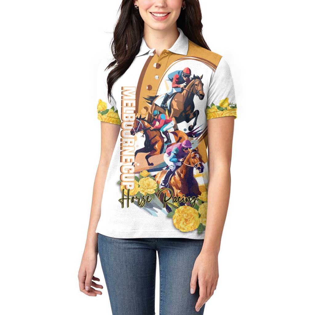 Melbourne Cup Australia Women Polo Shirt Horse Racing Horseshoe Mix Yellow Roses LT14