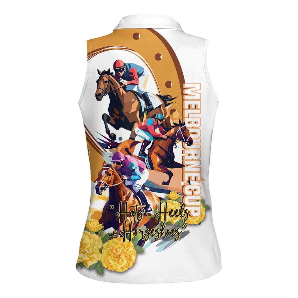 Melbourne Cup Australia Women Sleeveless Polo Shirt Horse Racing Horseshoe Mix Yellow Roses LT14