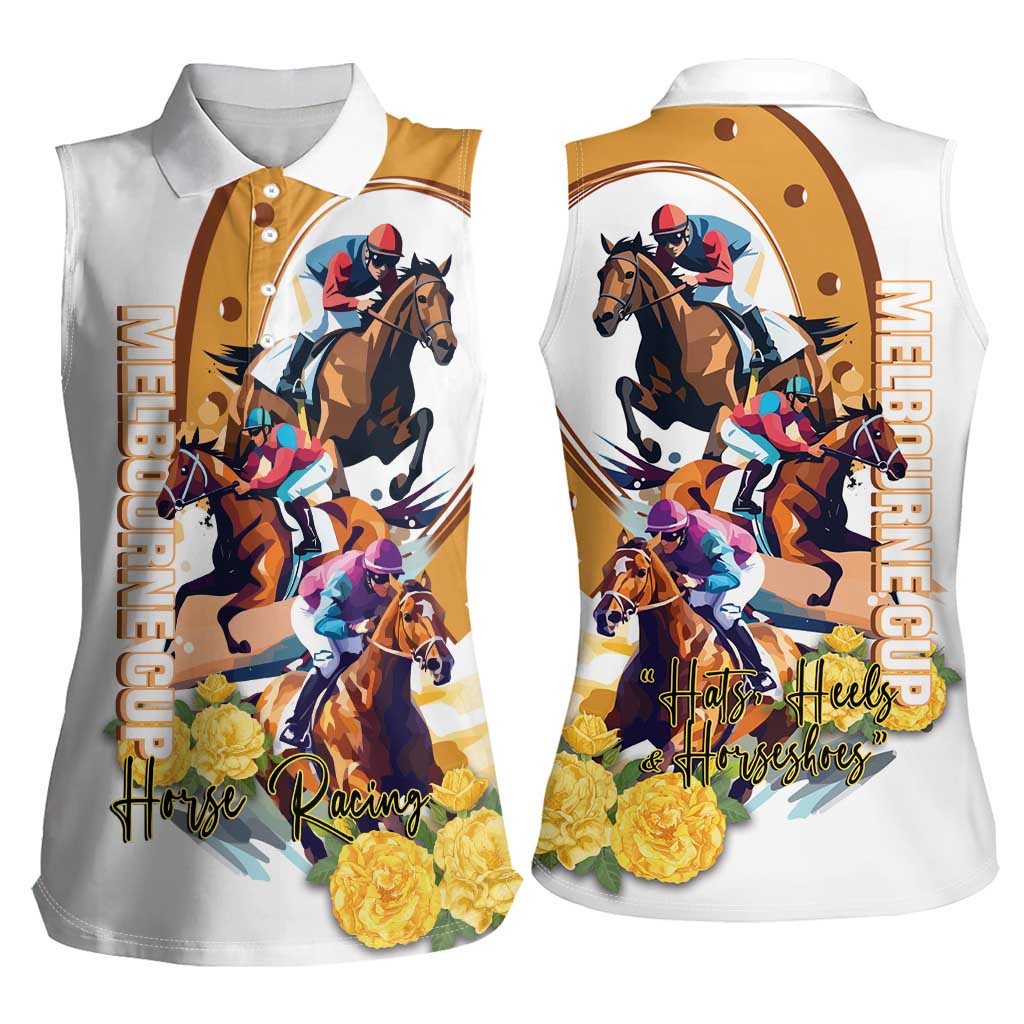 Melbourne Cup Australia Women Sleeveless Polo Shirt Horse Racing Horseshoe Mix Yellow Roses LT14