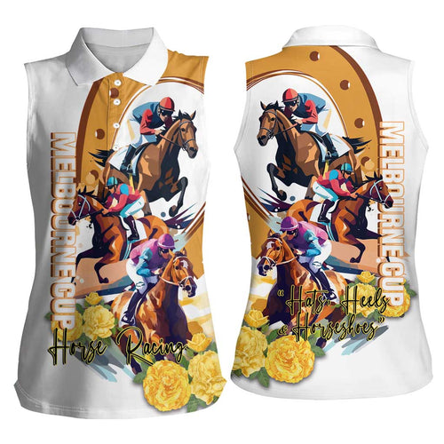 Melbourne Cup Australia Women Sleeveless Polo Shirt Horse Racing Horseshoe Mix Yellow Roses LT14