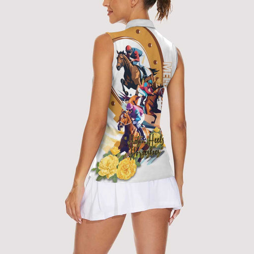 Melbourne Cup Australia Women Sleeveless Polo Shirt Horse Racing Horseshoe Mix Yellow Roses LT14