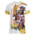 Melbourne Cup Australia Women V-Neck T-Shirt Horse Racing Horseshoe Mix Yellow Roses LT14