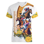 Melbourne Cup Australia Women V-Neck T-Shirt Horse Racing Horseshoe Mix Yellow Roses LT14