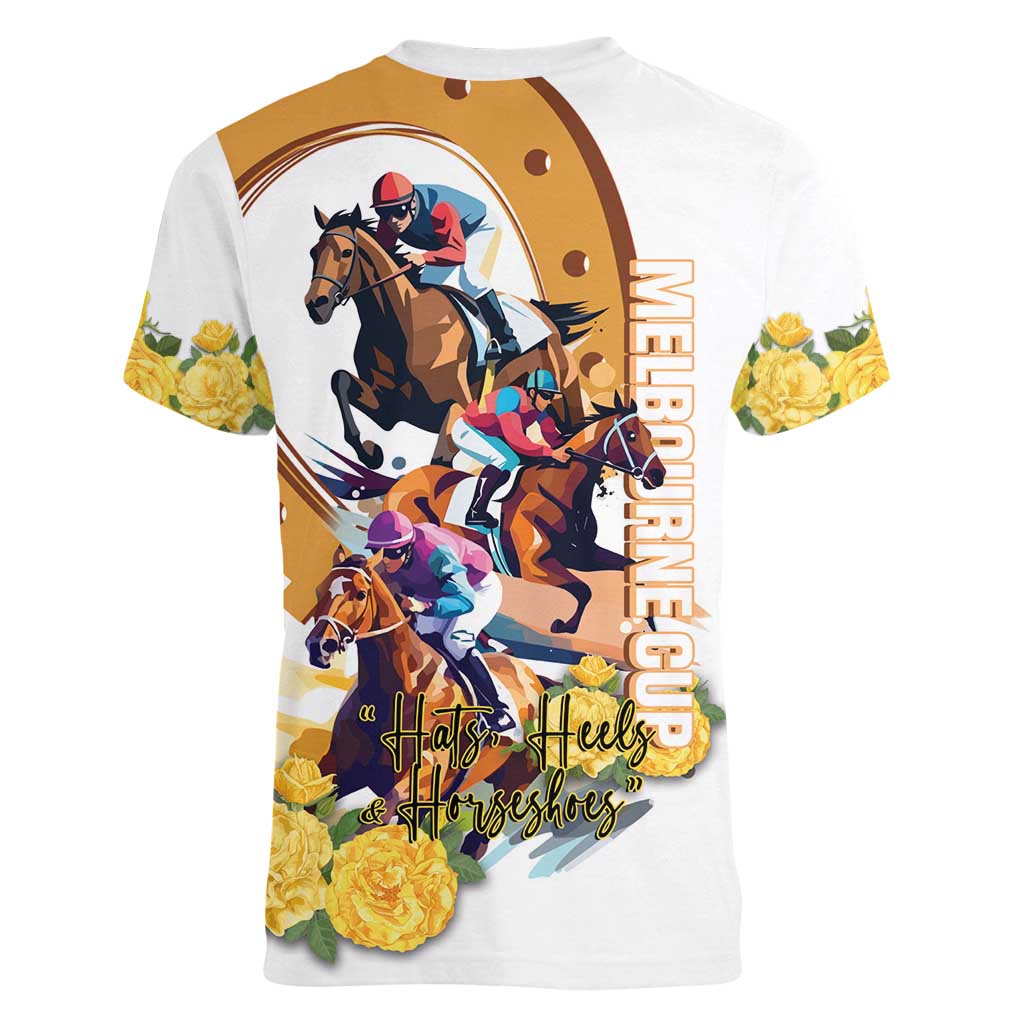 Melbourne Cup Australia Women V-Neck T-Shirt Horse Racing Horseshoe Mix Yellow Roses LT14