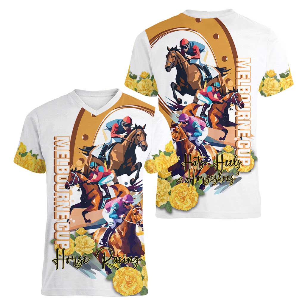 Melbourne Cup Australia Women V-Neck T-Shirt Horse Racing Horseshoe Mix Yellow Roses LT14