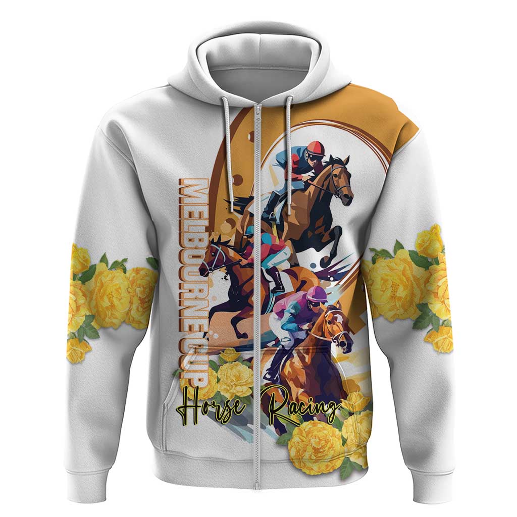 Melbourne Cup Australia Zip Hoodie Horse Racing Horseshoe Mix Yellow Roses LT14
