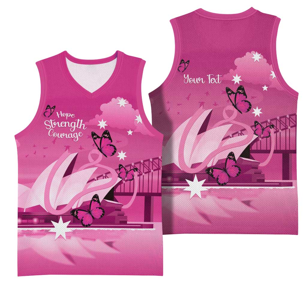 Personalised Australia Breast Cancer Awareness Basketball Jersey Sydney Opera House Butterfly Pink Ribbon - Aussie Hoodie