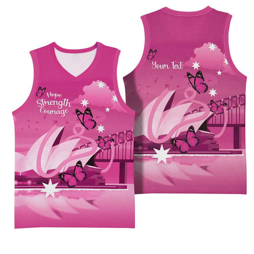 Personalised Australia Breast Cancer Awareness Basketball Jersey Sydney Opera House Butterfly Pink Ribbon - Aussie Hoodie