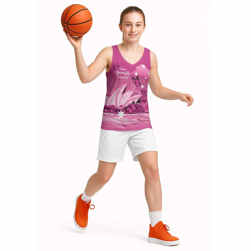 Personalised Australia Breast Cancer Awareness Basketball Jersey Sydney Opera House Butterfly Pink Ribbon - Aussie Hoodie