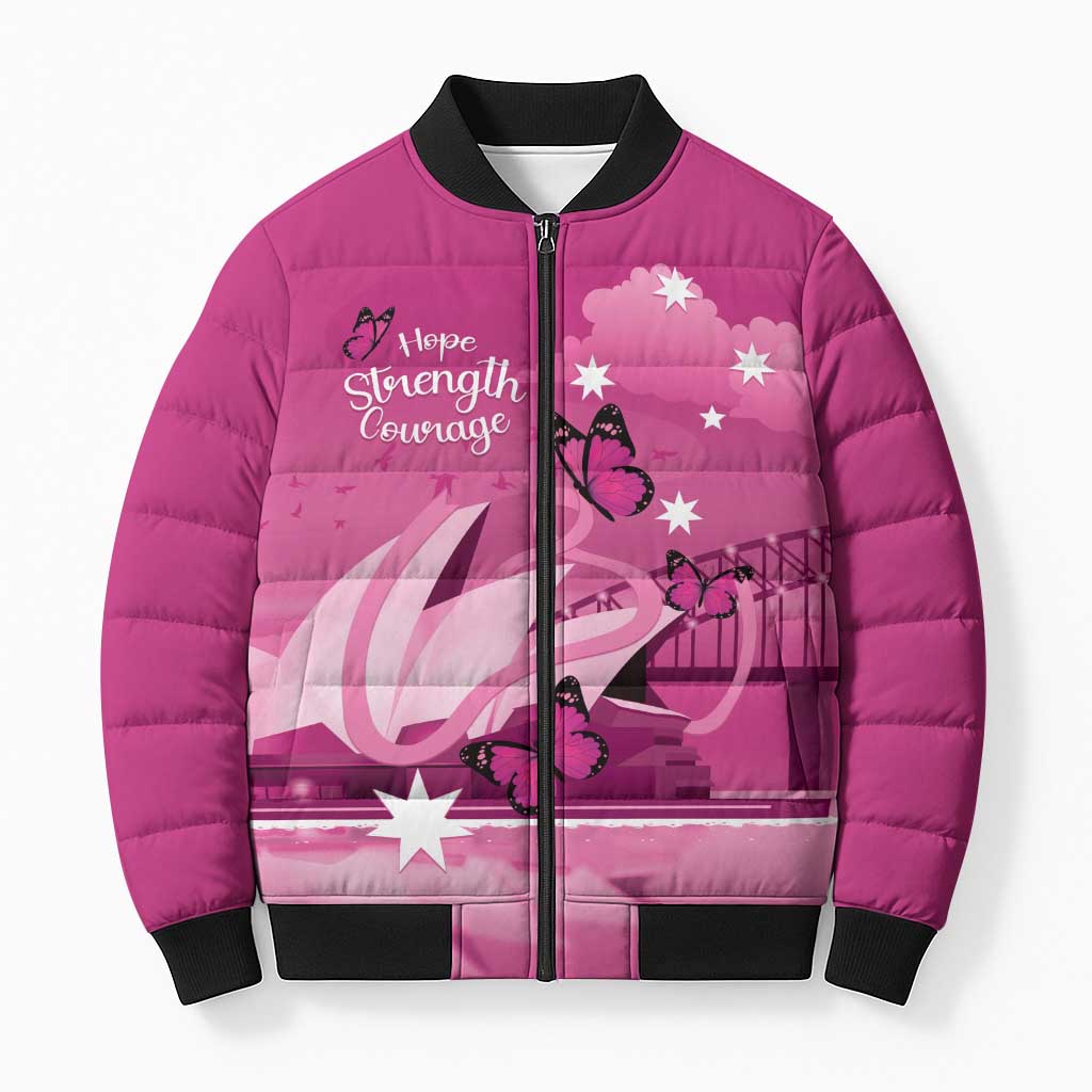 Personalised Australia Breast Cancer Awareness Bomber Puffer Jacket Sydney Opera House Butterfly Pink Ribbon - Aussie Hoodie