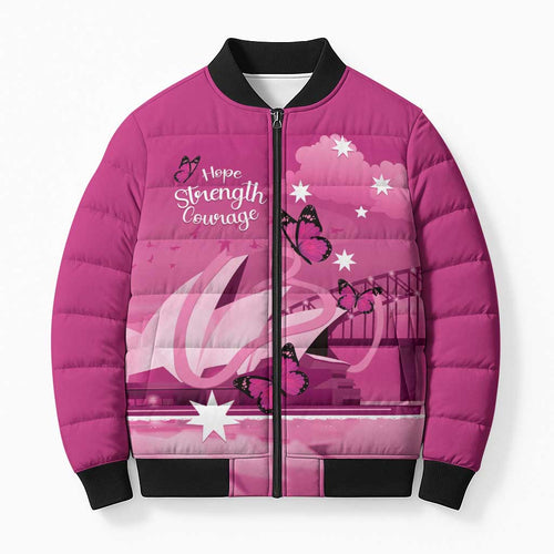 Personalised Australia Breast Cancer Awareness Bomber Puffer Jacket Sydney Opera House Butterfly Pink Ribbon - Aussie Hoodie