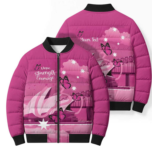 Personalised Australia Breast Cancer Awareness Bomber Puffer Jacket Sydney Opera House Butterfly Pink Ribbon - Aussie Hoodie