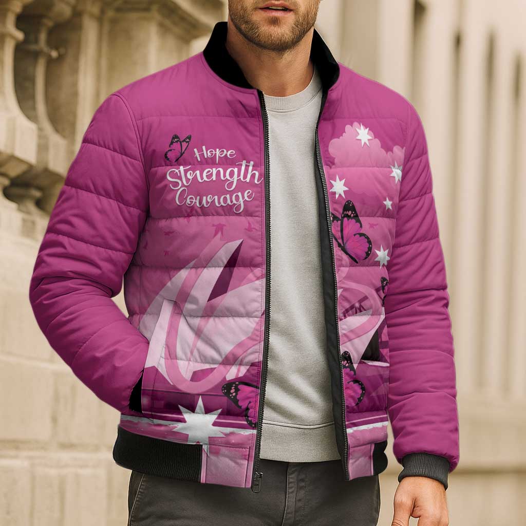 Personalised Australia Breast Cancer Awareness Bomber Puffer Jacket Sydney Opera House Butterfly Pink Ribbon - Aussie Hoodie
