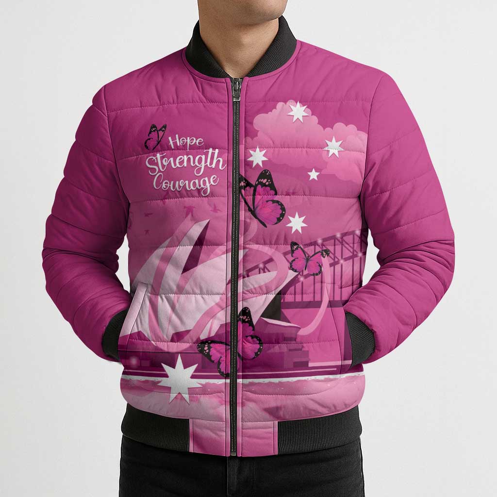 Personalised Australia Breast Cancer Awareness Bomber Puffer Jacket Sydney Opera House Butterfly Pink Ribbon - Aussie Hoodie