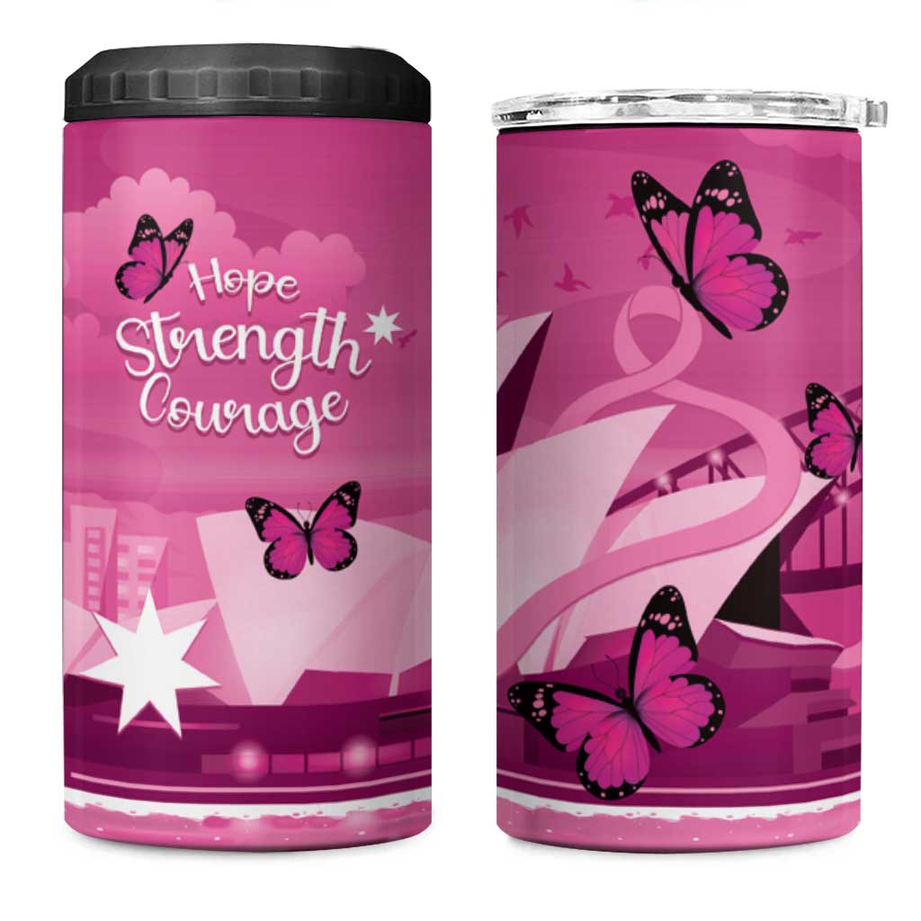 Australia Breast Cancer Awareness 4 in 1 Can Cooler Tumbler Sydney Opera House Butterfly Pink Ribbon - Aussie Hoodie