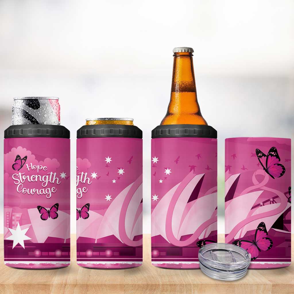Australia Breast Cancer Awareness 4 in 1 Can Cooler Tumbler Sydney Opera House Butterfly Pink Ribbon - Aussie Hoodie