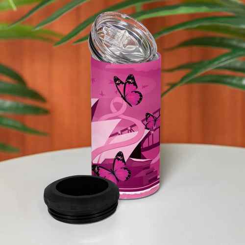 Australia Breast Cancer Awareness 4 in 1 Can Cooler Tumbler Sydney Opera House Butterfly Pink Ribbon - Aussie Hoodie