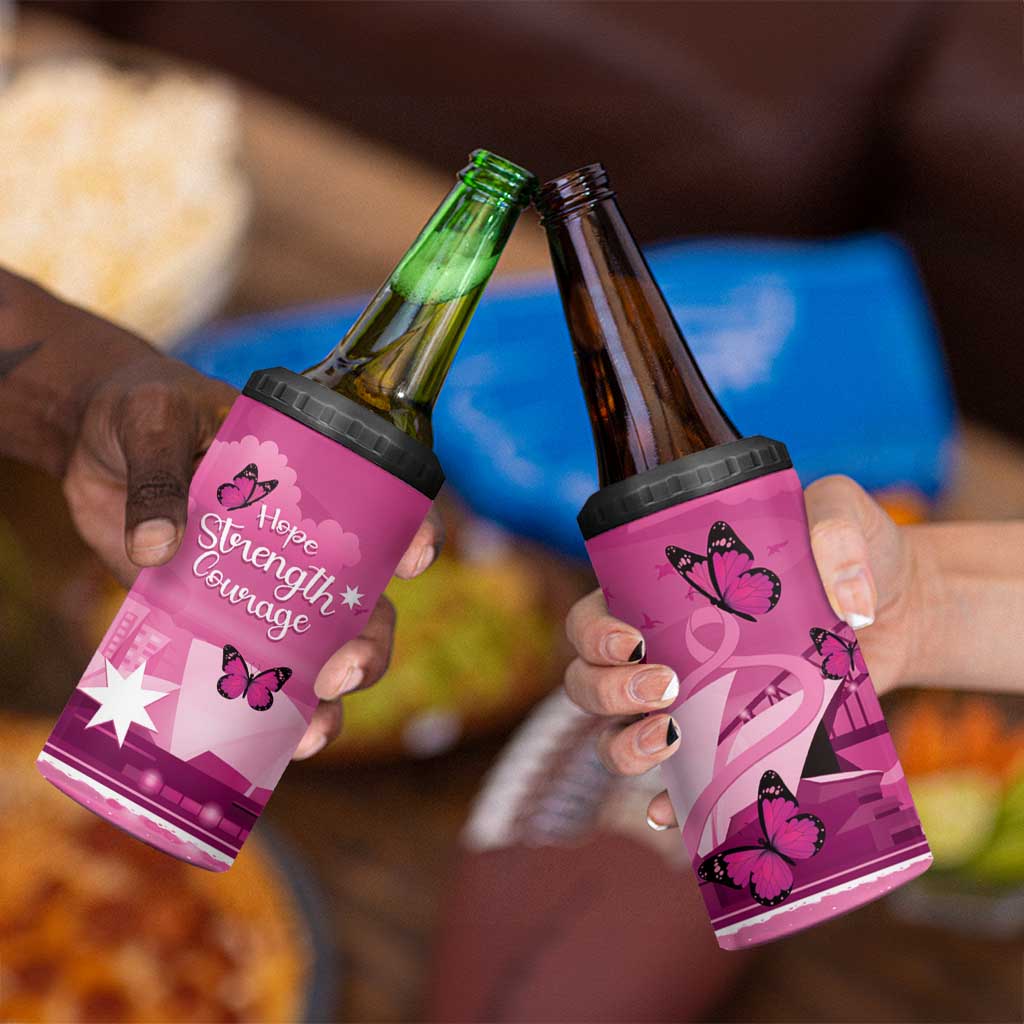 Australia Breast Cancer Awareness 4 in 1 Can Cooler Tumbler Sydney Opera House Butterfly Pink Ribbon - Aussie Hoodie