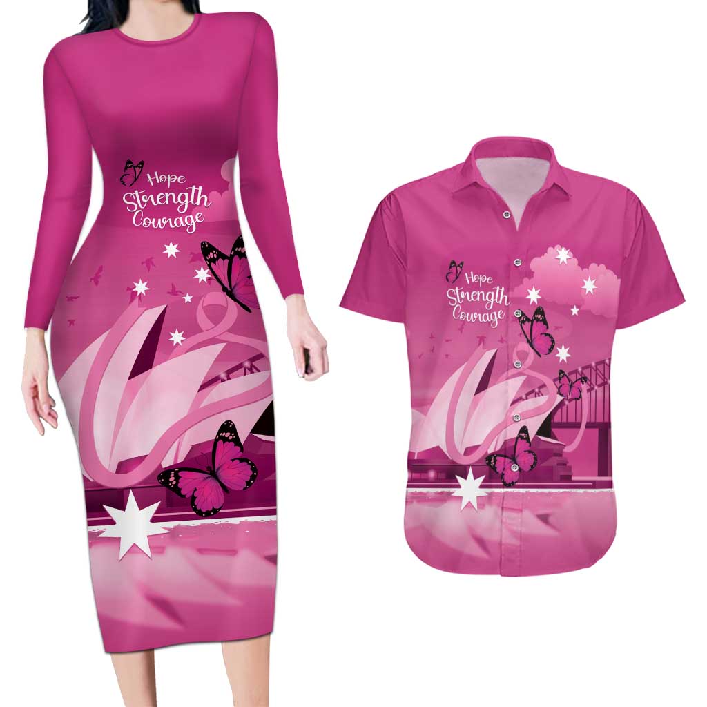 Personalised Australia Breast Cancer Awareness Couples Matching Long Sleeve Bodycon Dress and Hawaiian Shirt Sydney Opera House Butterfly Pink Ribbon - Aussie Hoodie
