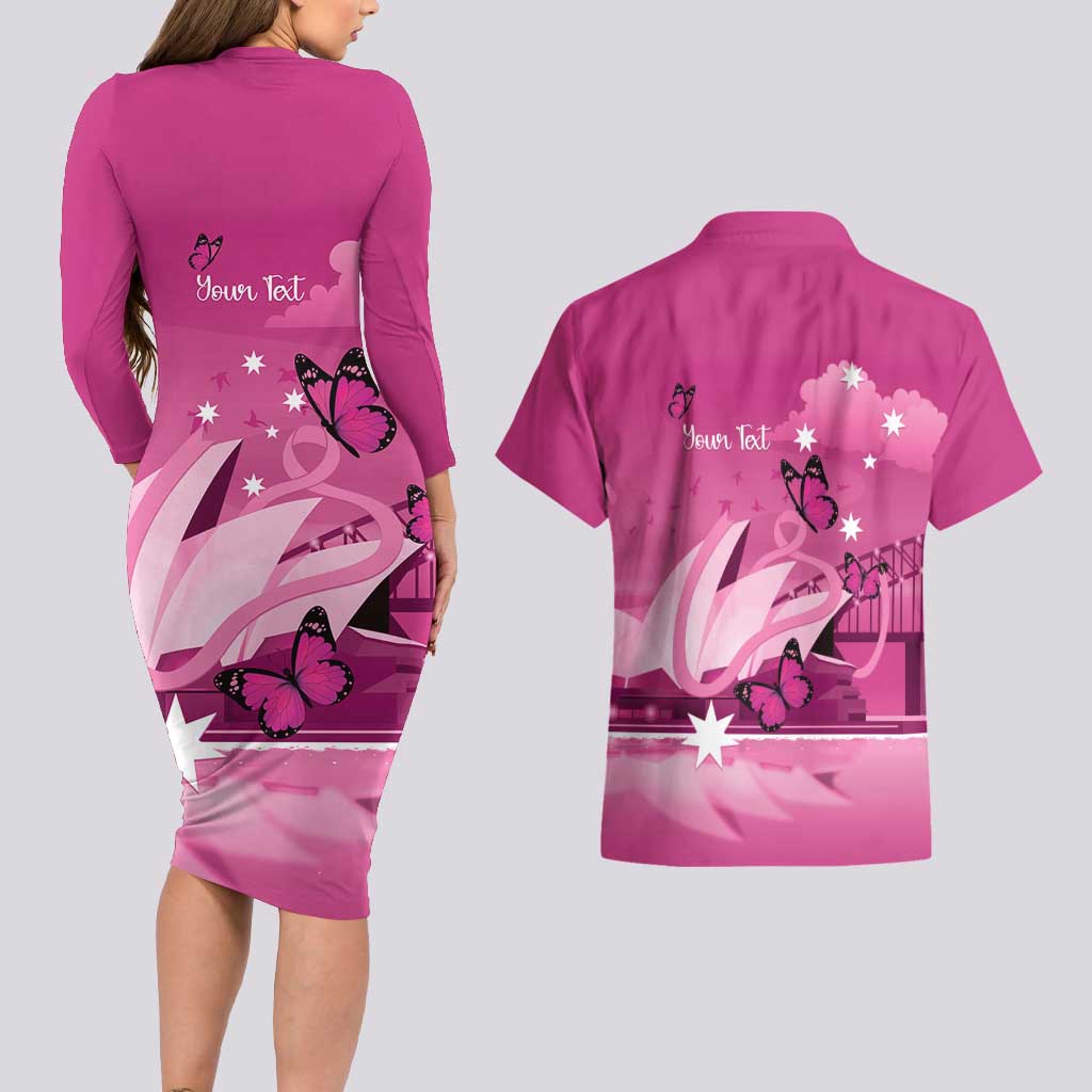 Personalised Australia Breast Cancer Awareness Couples Matching Long Sleeve Bodycon Dress and Hawaiian Shirt Sydney Opera House Butterfly Pink Ribbon - Aussie Hoodie