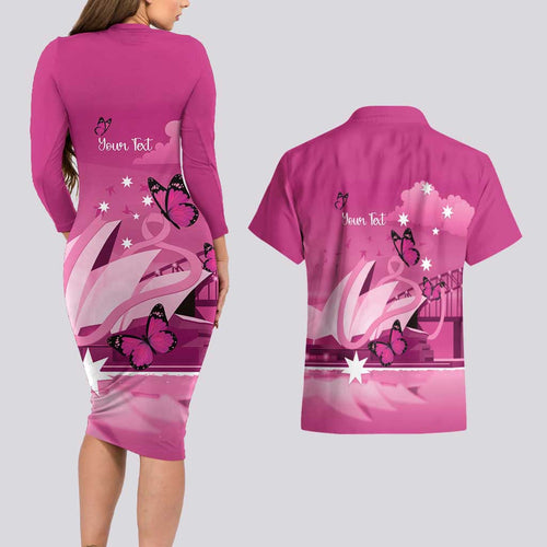 Personalised Australia Breast Cancer Awareness Couples Matching Long Sleeve Bodycon Dress and Hawaiian Shirt Sydney Opera House Butterfly Pink Ribbon - Aussie Hoodie