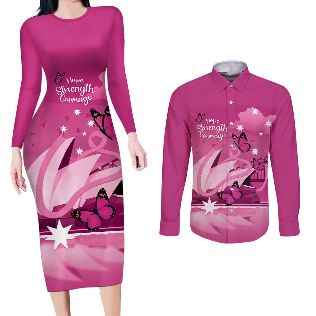 Personalised Australia Breast Cancer Awareness Couples Matching Long Sleeve Bodycon Dress and Long Sleeve Button Shirt Sydney Opera House Butterfly Pink Ribbon - Aussie Hoodie