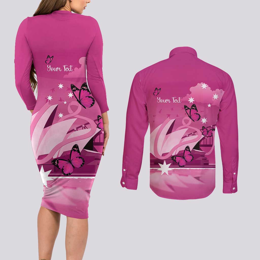Personalised Australia Breast Cancer Awareness Couples Matching Long Sleeve Bodycon Dress and Long Sleeve Button Shirt Sydney Opera House Butterfly Pink Ribbon - Aussie Hoodie