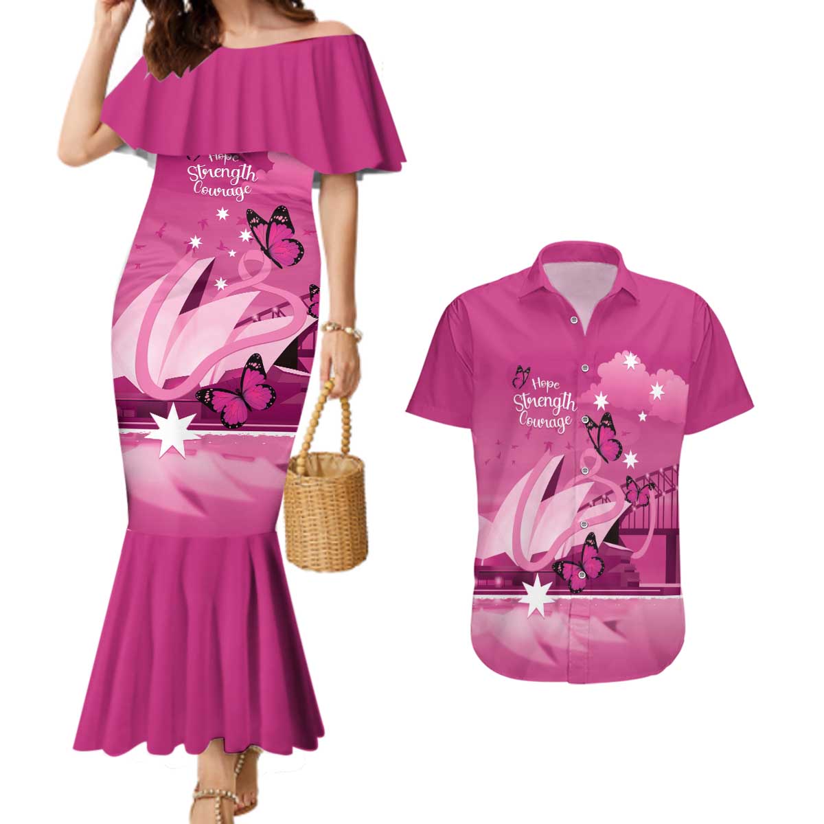 Personalised Australia Breast Cancer Awareness Couples Matching Mermaid Dress and Hawaiian Shirt Sydney Opera House Butterfly Pink Ribbon - Aussie Hoodie