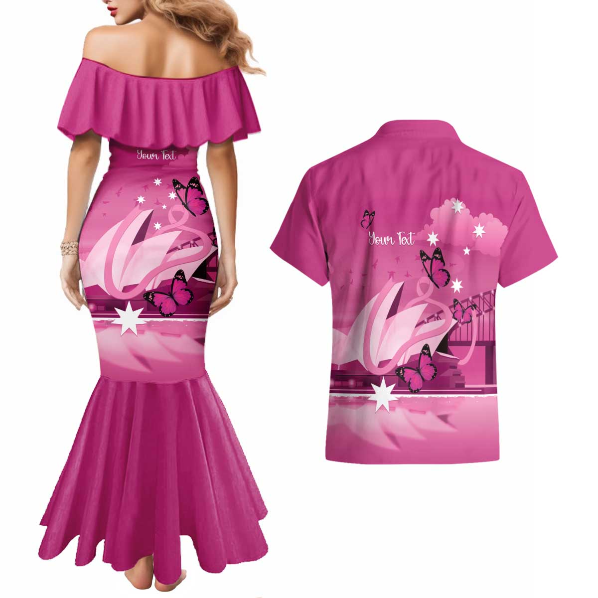 Personalised Australia Breast Cancer Awareness Couples Matching Mermaid Dress and Hawaiian Shirt Sydney Opera House Butterfly Pink Ribbon - Aussie Hoodie