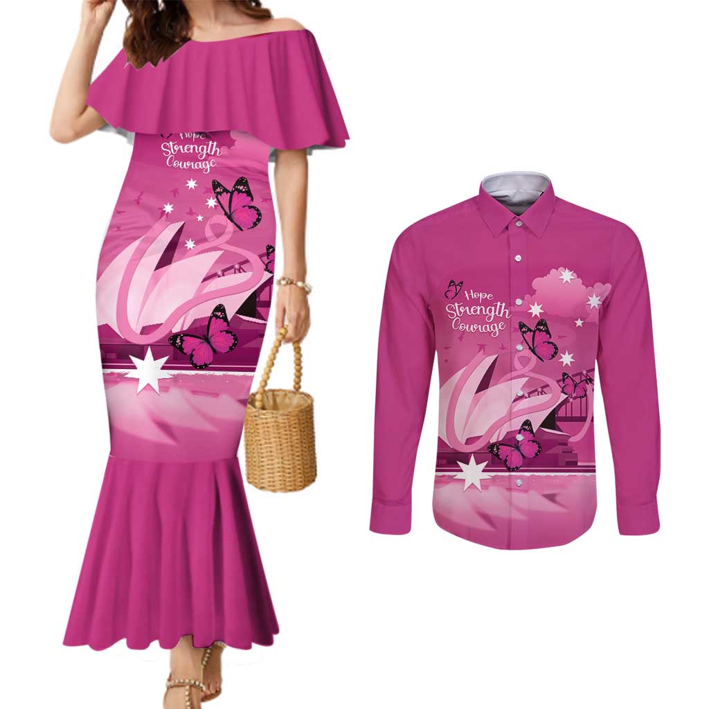 Personalised Australia Breast Cancer Awareness Couples Matching Mermaid Dress and Long Sleeve Button Shirt Sydney Opera House Butterfly Pink Ribbon - Aussie Hoodie