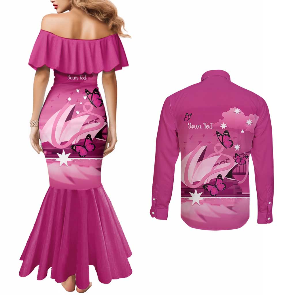 Personalised Australia Breast Cancer Awareness Couples Matching Mermaid Dress and Long Sleeve Button Shirt Sydney Opera House Butterfly Pink Ribbon - Aussie Hoodie